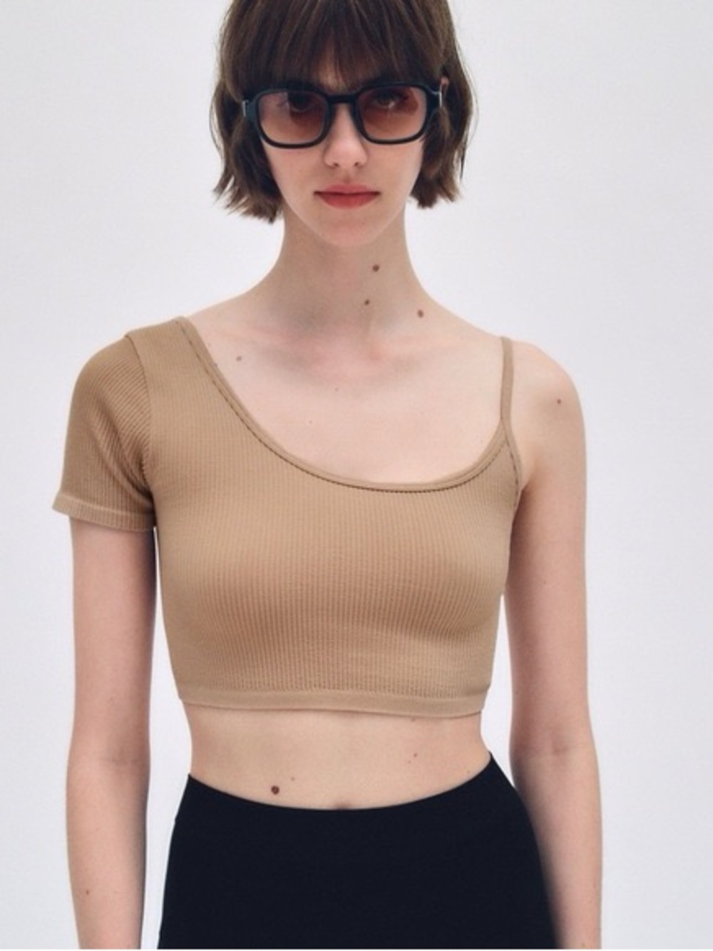 Zara Women's Tan Asymmetrical Ribbed Knit Crop Top - M/L